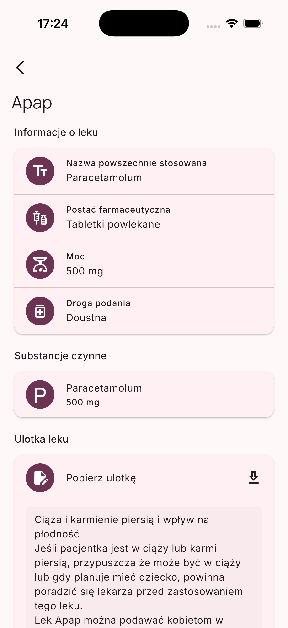 Szczegóły leku z informacjami o ciąży